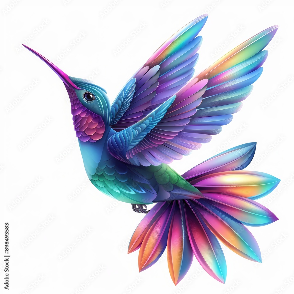 Obraz premium Vibrant illustration of a colorful hummingbird in mid-flight showcasing intricate and vivid details of its feathers.