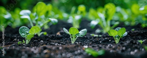 Close-up green sprouts of vegetables growing in black soil, agricultural vegetable farm plant seedling concept