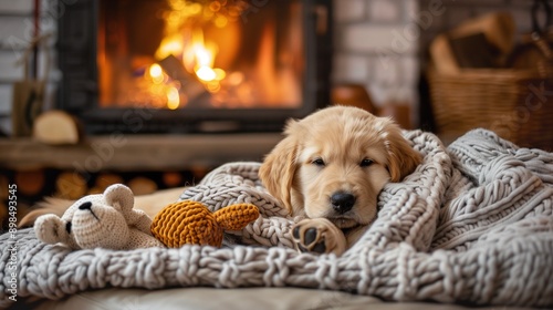 Wallpaper Mural Cute little golden labrador retriever puppy sleeping comfortably near a burning fireplace Torontodigital.ca