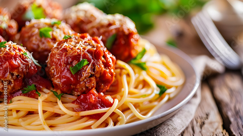 Exquisite Meatballs in Tomato Sauce with Spaghetti on Rustic Table Setting