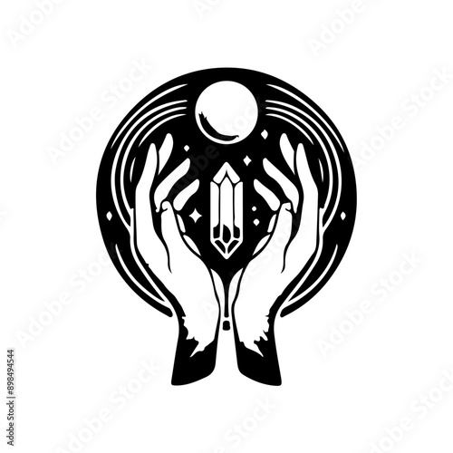 Magic crystal gem with crescent moon and stars in witch hands of fortune teller line art and dot work. Boho chic tattoo, poster or altar veil print design vector illustration