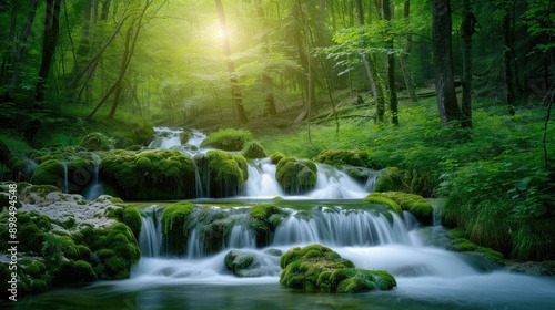 A full moon shines brightly over a forest stream and waterfall at night. Stars twinkle in the dark sky, and trees line the banks of the river