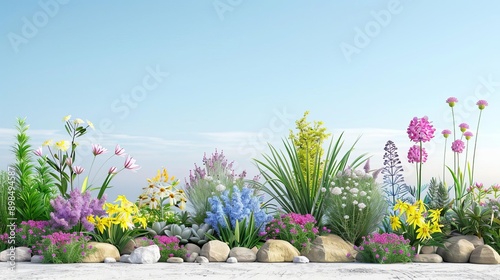 Serene spring flower garden landscape with vibrant hues, Spring garden landscape, Tranquil nature scene