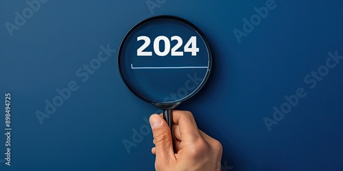 A hand holding a magnifying glass with the number 2024 written on it