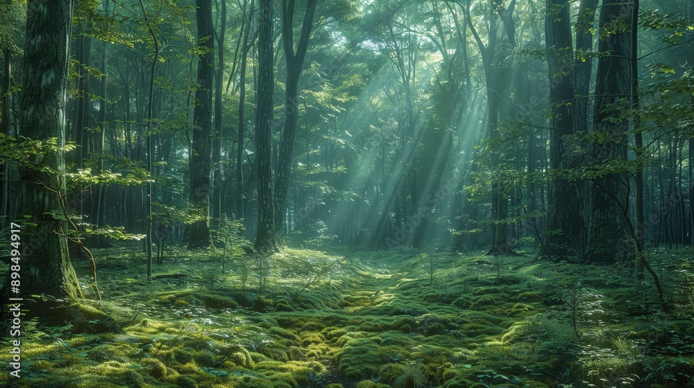 Enchanting Moss-Covered Forest Bathed in Ethereal Sunlight Enchanting Moss-Covered Forest Bathed in Ethereal Sunlight