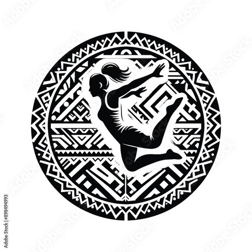 Parkour  female player in ethnic polynesia pattern illustration, emblem shield badge