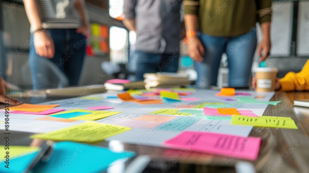 Obraz premium Team collaborating on a brainstorming session with colorful sticky notes on a table, working on new ideas and strategies in a modern office.