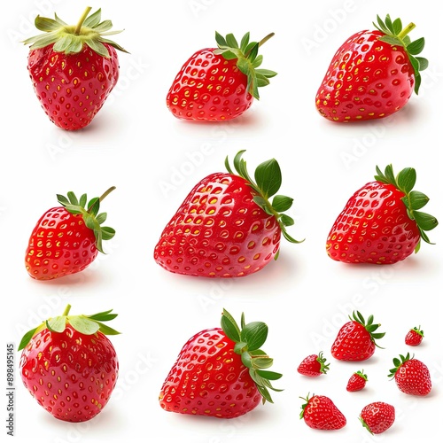 Set of fresh strawberries, white background