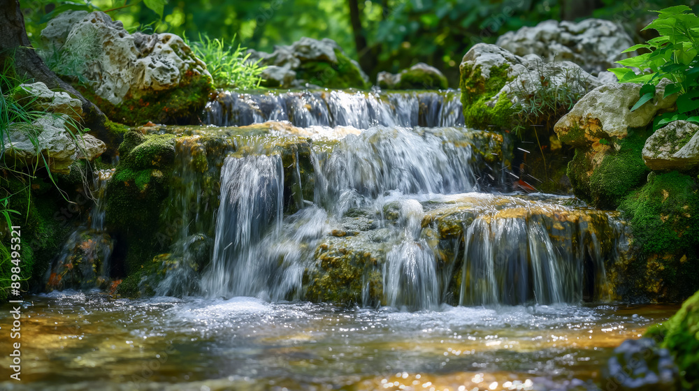 Obraz premium A small, serene waterfall cascading over moss-covered rocks in a lush, green forest, creating a tranquil and refreshing scene. 