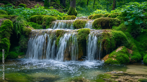 A gentle waterfall cascading over moss-covered rocks. 