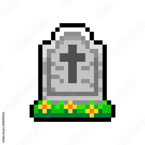 Old gravestone icon isolated on transparent background. Cemetery grave with cross and flowers. Halloween celebration. Vector pixel art illustration in 16-bit old style.