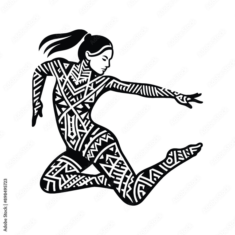 Fototapeta premium Parkour female player in ethnic polynesia pattern illustration, emblem shield badge