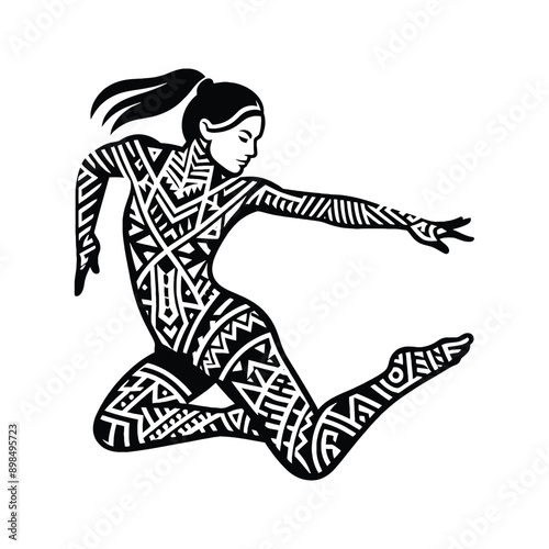 Parkour  female player in ethnic polynesia pattern illustration, emblem shield badge