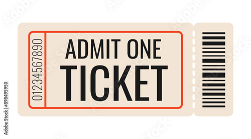 Ticket. Admit one ticket with bar code. Vintage, retro ticket concert and festival event, movie theater coupon. Vector paper and digital samples icon.