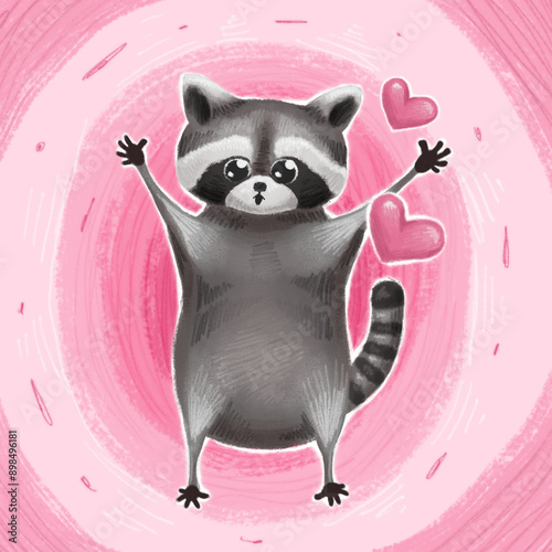 Cute cartoon grey happy animal raccoon holding heart in paws hands on pink background, illustration of love and romantic feelings, hugs, design for Valentine's Day card and sticker