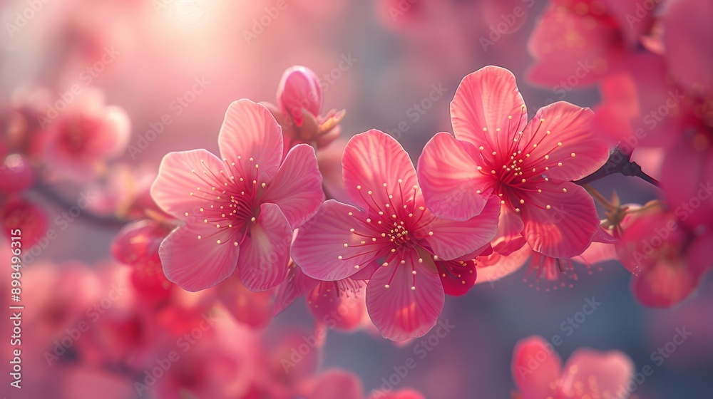 Branch of a cherry tree is blooming with delicate pink flowers in the spring sunshine Branch of a cherry tree is blooming with delicate pink flowers in the spring sunshine
