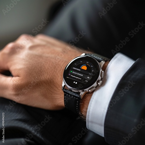A detailed shot of a smartwatch displaying various data about the user 