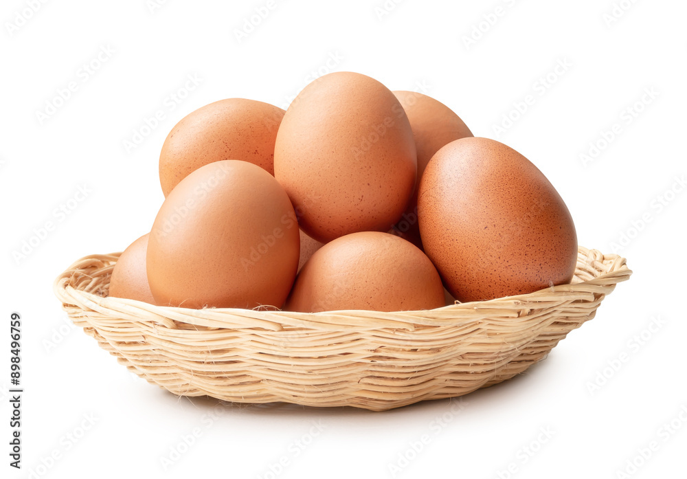 Front view of brown chicken eggs in stack in wicker basket isolated on white background with clipping path Front view of brown chicken eggs in stack in wicker basket isolated on white background with clipping path