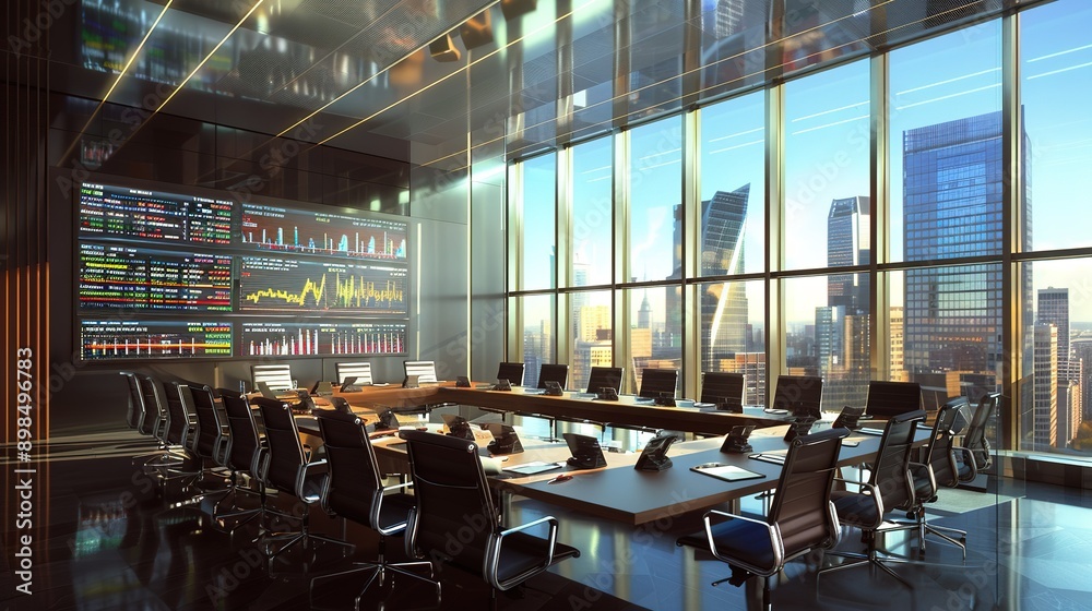 A group of financial analysts having a meeting in a contemporary boardroom, discussing stock market trends displayed on a big screen, while daylight illuminates the room through expansive windows. A group of financial analysts having a meeting in a contemporary boardroom, discussing stock market trends displayed on a big screen, while daylight illuminates the room through expansive windows.