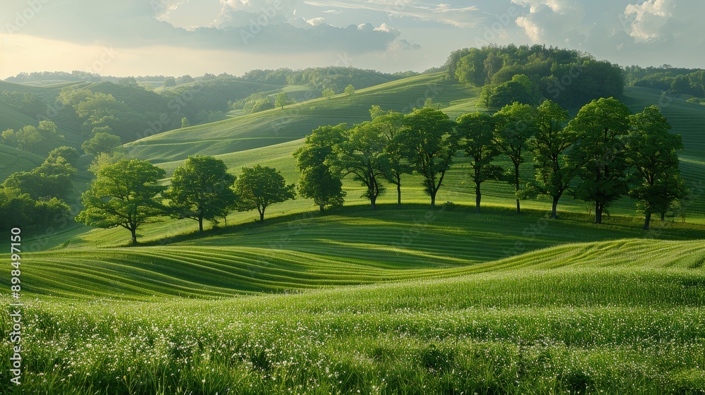 Tranquil Countryside Landscape with Rolling Hills and Lush Greenery Tranquil Countryside Landscape with Rolling Hills and Lush Greenery