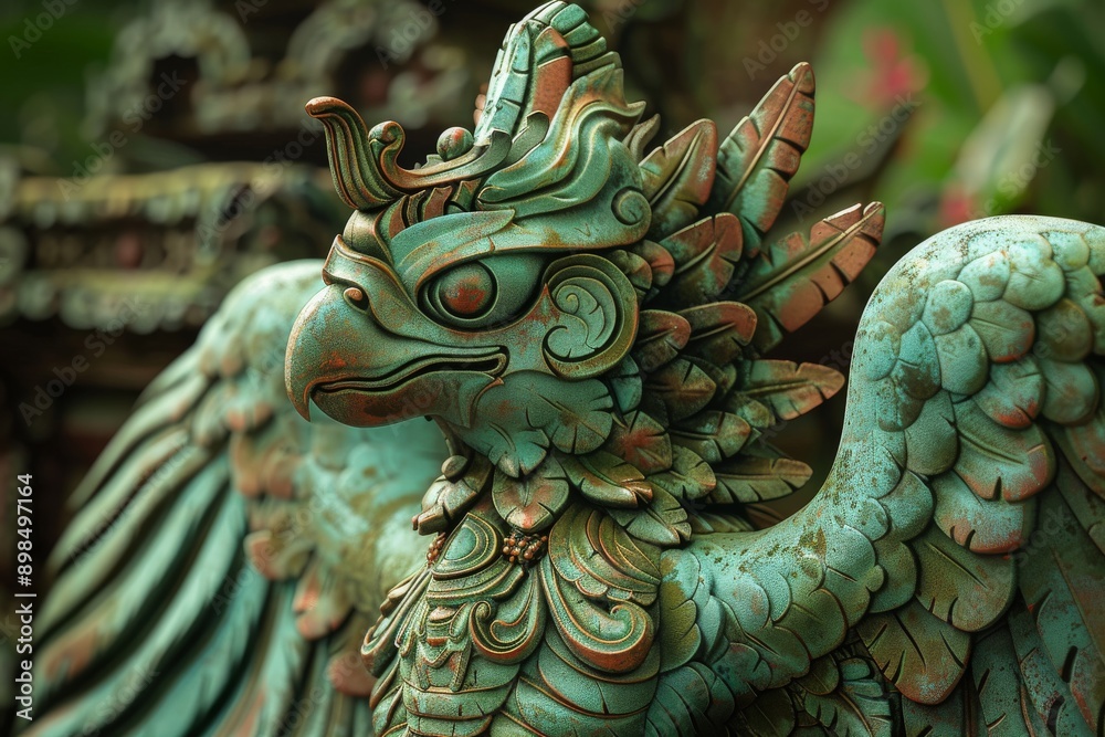 Fototapeta premium Close-Up of an Ornate Green and Copper Garuda Statue