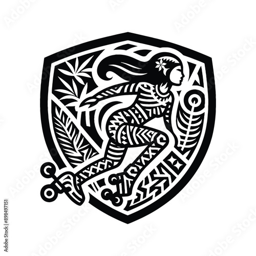 Inline Skating, roller skate   female player in ethnic polynesia pattern illustration, emblem shield badge