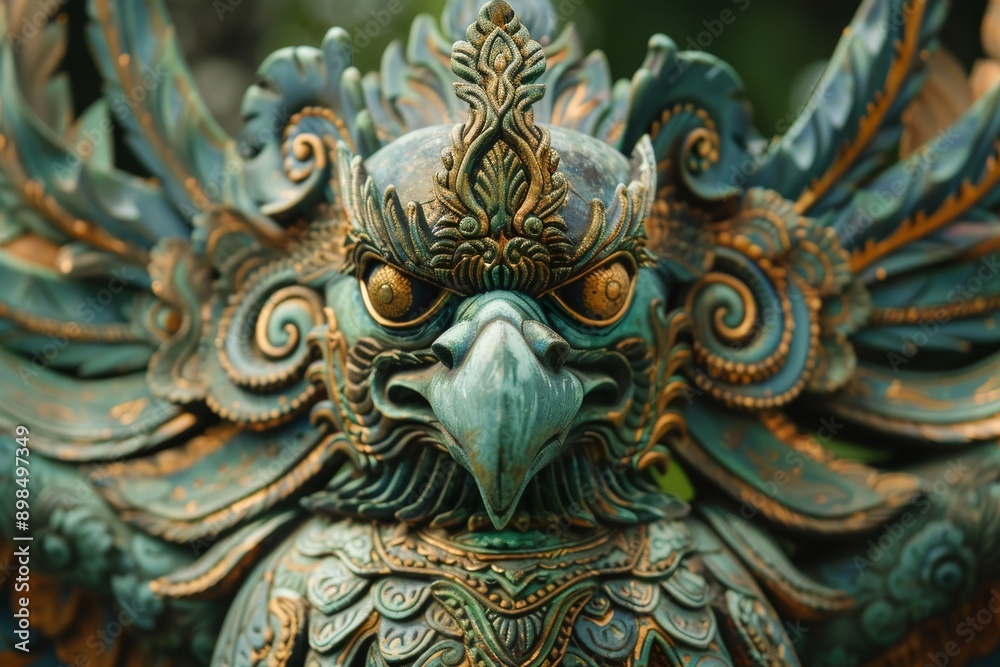Fototapeta premium Close-up of a Green and Gold Garuda Statue