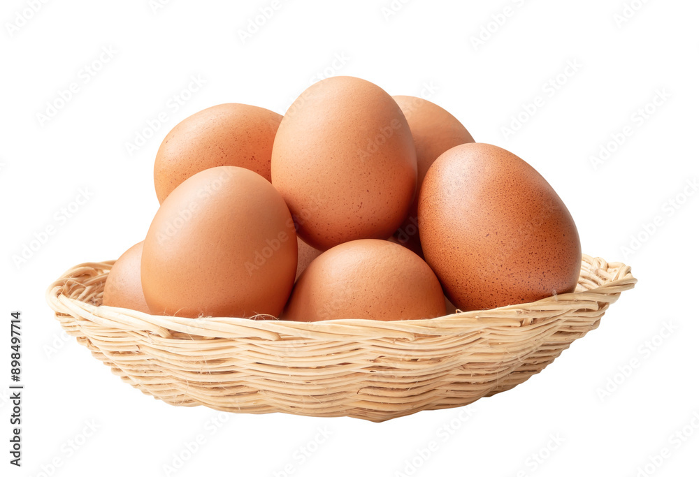 Front view of brown chicken eggs in stack in wicker basket isolated with clipping path in png file format Front view of brown chicken eggs in stack in wicker basket isolated with clipping path in png file format