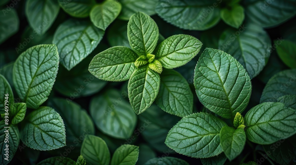 A close up of green leaves with a few droplets of water on them A close up of green leaves with a few droplets of water on them