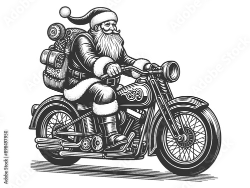 Santa Claus on motorcycle carrying sack of gifts. Festive and fun holiday scene. sketch engraving generative ai fictional character vector illustration. Scratch board imitation. Black and white image.