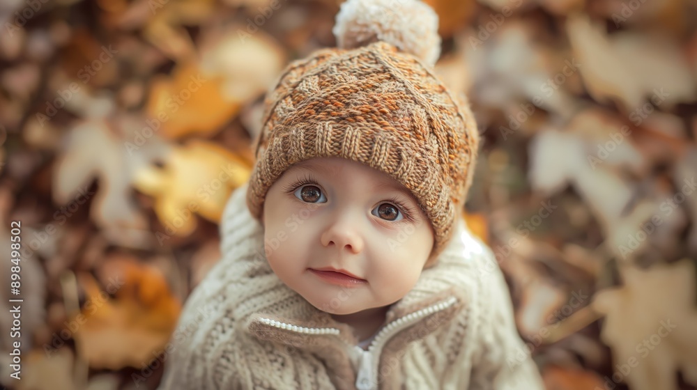 Young baby boy wearing wool sweater and scarf curious expression play crawl on autumn fallen leaves ground Young baby boy wearing wool sweater and scarf curious expression play crawl on autumn fallen leaves ground