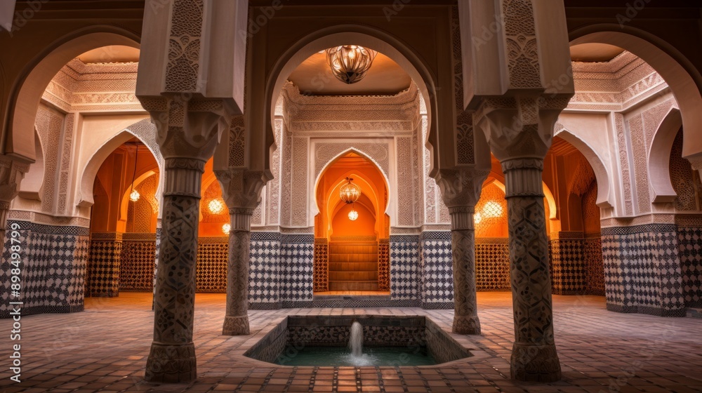 Obraz premium Ornate Arched Courtyard With a Central Fountain in Morocco
