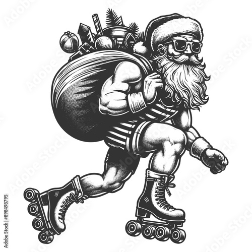 hipster Santa Claus wearing sunglasses and roller skates, carrying sack of gifts. sketch engraving generative ai fictional character vector illustration. Scratch board imitation. Black and white image