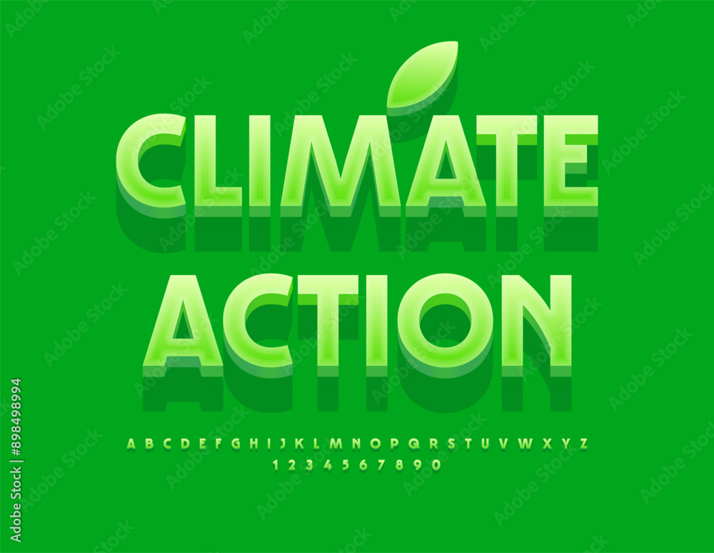 Vector eco template Climate Action. Trendy Green 3D Font. Artistic Alphabet Letters and Numbers set. Vector eco template Climate Action. Trendy Green 3D Font. Artistic Alphabet Letters and Numbers set.