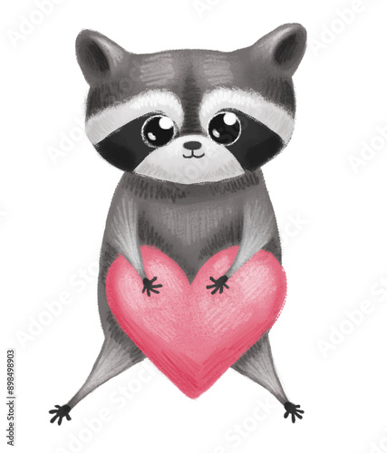 Cute cartoon grey happy animal raccoon holding heart in paws hands, illustration of love and romantic feelings, design for Valentine's Day card and sticker isolated