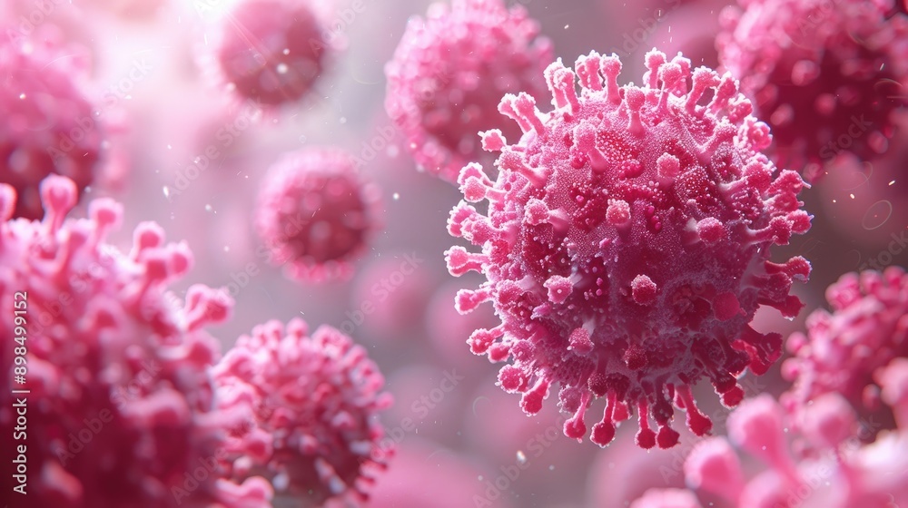 A close up of pink viruses in the air A close up of pink viruses in the air