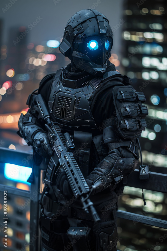 A man warrior in a black suit with a blue helmet and a gun