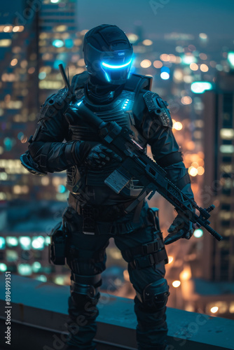 A man in a black suit with a gun is standing on a rooftop in a city