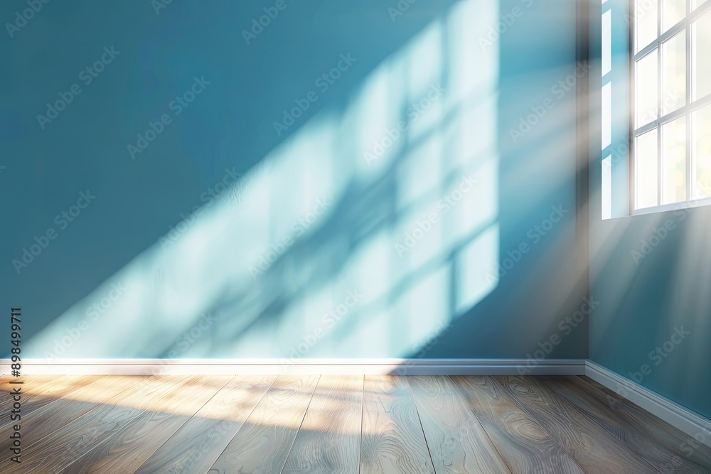 Sunlight Streaming Through a Window Onto a Turquoise Wall and Wooden Floor Sunlight Streaming Through a Window Onto a Turquoise Wall and Wooden Floor