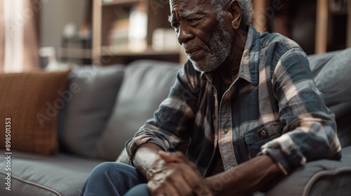 Mature man touches wedding ring on sofa in home or marriage counseling after divorce, breakup, or loss. For widower or middle-aged band member with depression, anxiety, or mental health