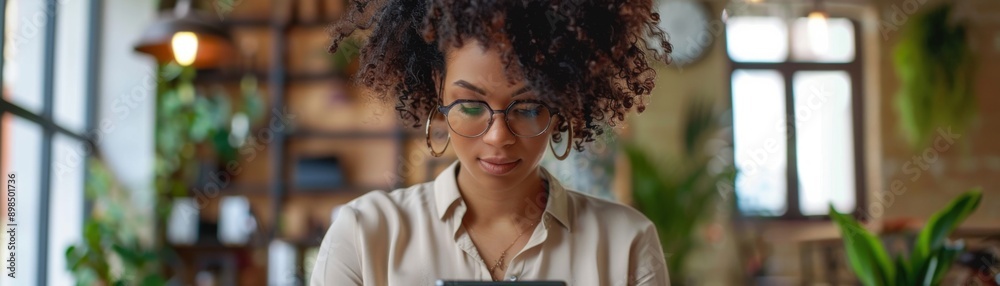 Focused woman with curly hair and glasses working on a tablet in a stylish, well-lit office with plants and shelves in the background. Focused woman with curly hair and glasses working on a tablet in a stylish, well-lit office with plants and shelves in the background.