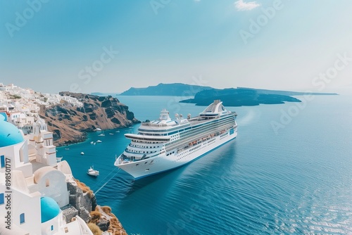 A luxury cruise ship sails past a European city surrounded by cliffs and mountains
