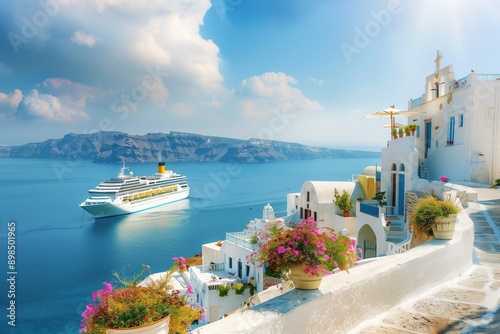 A luxury cruise ship sails past a European city surrounded by cliffs and mountains