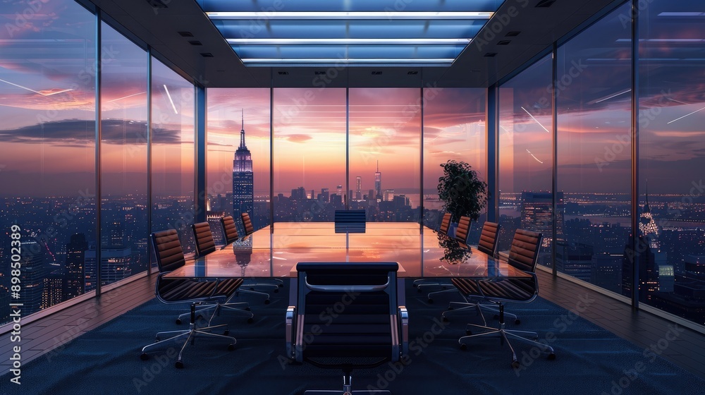 Fototapeta premium Boardroom with a glass wall revealing a stunning cityscape at dusk.