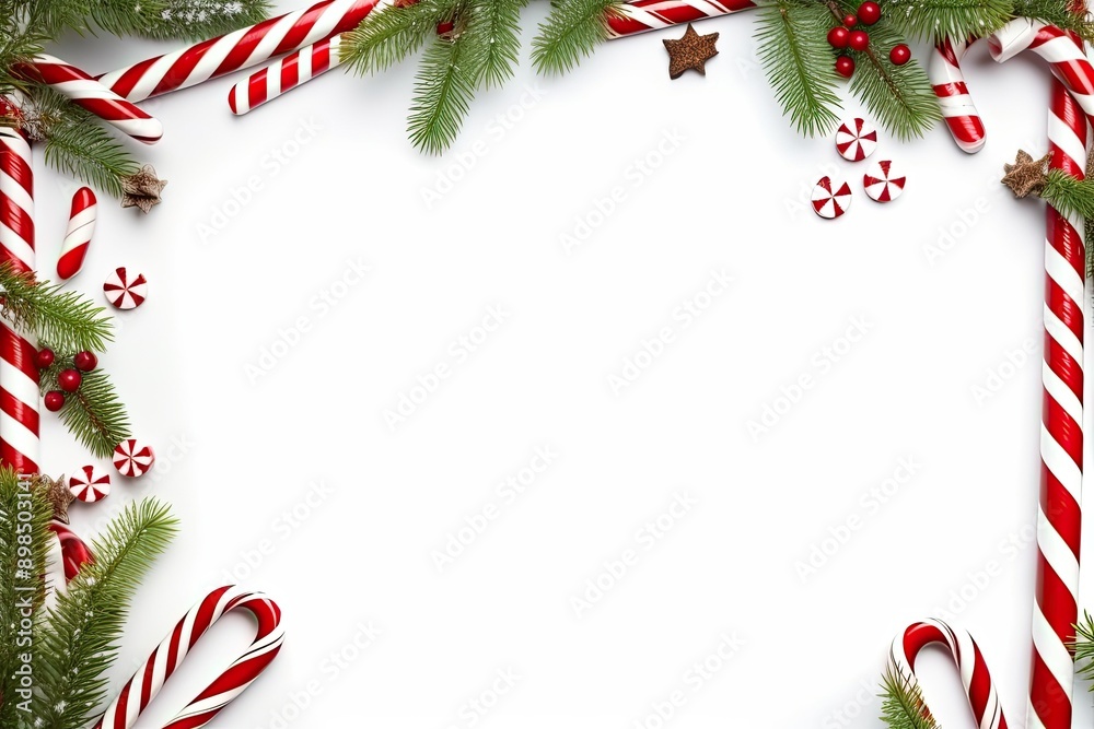 Festive Christmas Frame With Candy Canes And Fir Branches Festive Christmas Frame With Candy Canes And Fir Branches