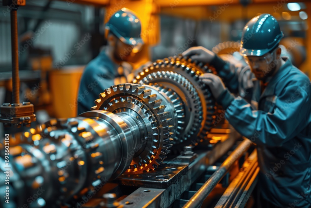 Engineers Working on Aircraft Engine Gears. Engineers in safety helmets work meticulously on assembling aircraft engine gears in a modern manufacturing facility. Engineers Working on Aircraft Engine Gears. Engineers in safety helmets work meticulously on assembling aircraft engine gears in a modern manufacturing facility.