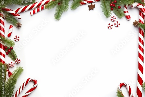 Festive Christmas Frame With Candy Canes And Fir Branches photo