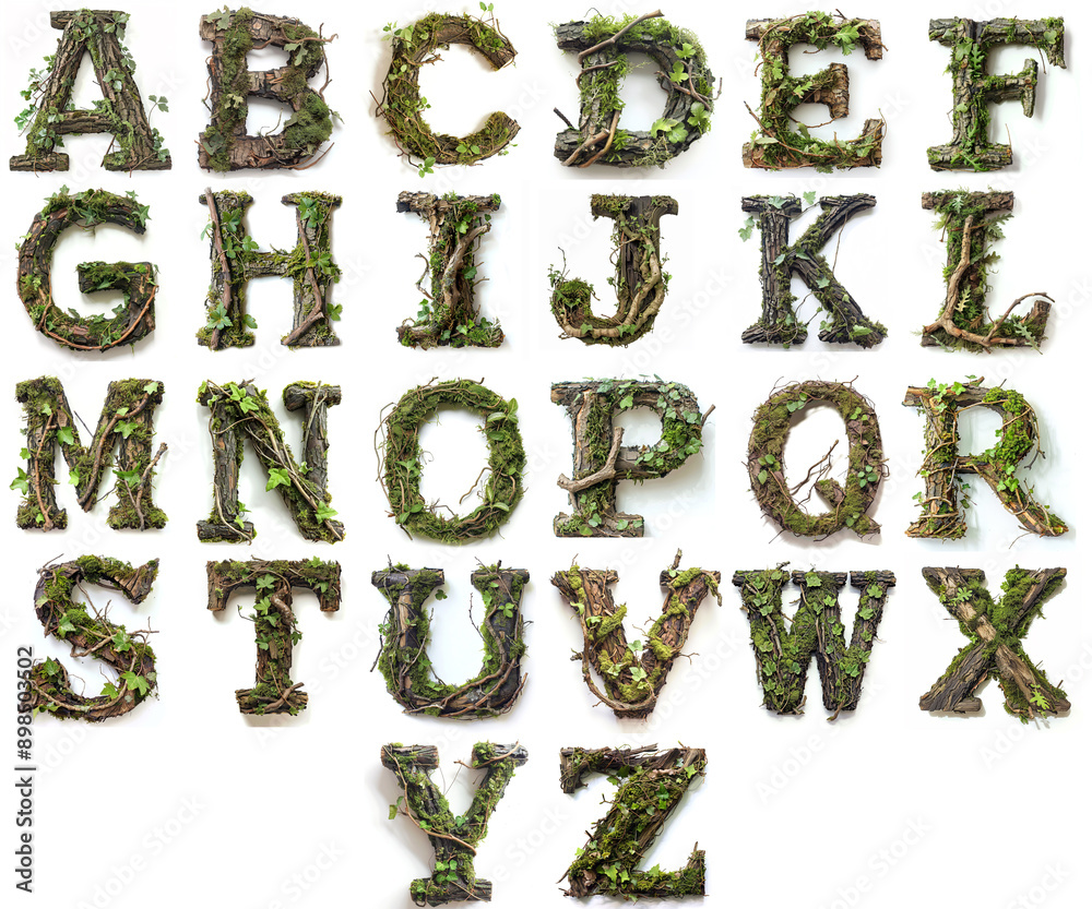 Moss, leaves and greenery on the tree alphabet letters Moss, leaves and greenery on the tree alphabet letters