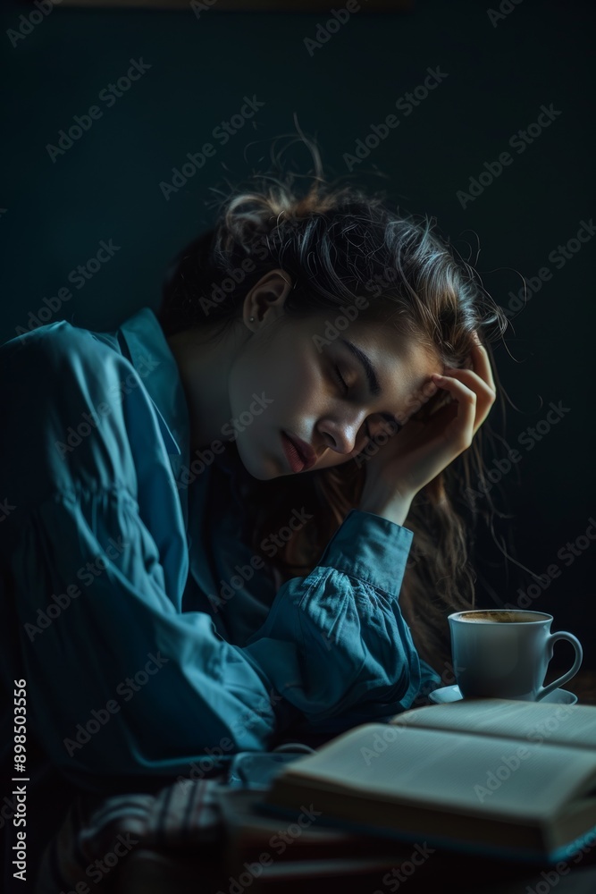 Depression, burnout, and mental health risk for project deadline or overworked lady sleeping on her desk at night. Businesspersons slumber, tire, and lose vitality in the dark. Depression, burnout, and mental health risk for project deadline or overworked lady sleeping on her desk at night. Businesspersons slumber, tire, and lose vitality in the dark.