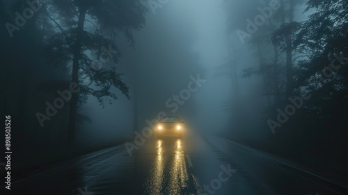 Car headlights piercing through dense fog in a dark, wet forest. © savittree